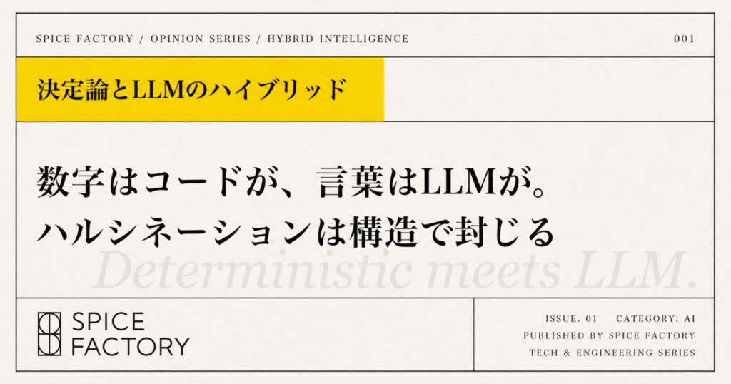 オピニオン記事 第1回のアイキャッチ。「数字はコードが、言葉はLLMが。ハルシネーションは構造で封じる」というメッセージが記されている。
