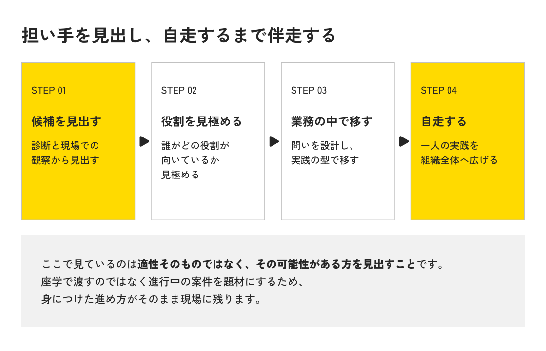 担い手を見出し、自走するまで伴走する流れを4段階で示す図。STEP01 診断と現場での観察から候補を見出す、STEP02 誰がどの役割に向いているかを見極める、STEP03 問いを設計し実践の型で業務の中に移す、STEP04 自走する。一人の実践を組織全体へ広げる。